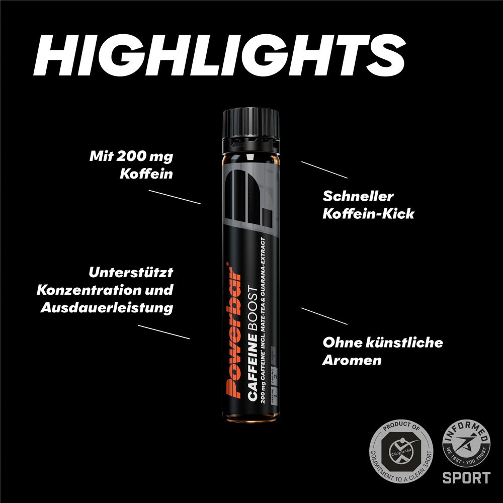 Infografik mit Highlights. PowerBar CAFFEINEBOOST. 200mg Koffein, schneller Koffein-Kick, unterstützt Konzentration, ohne künstliche Aromen.