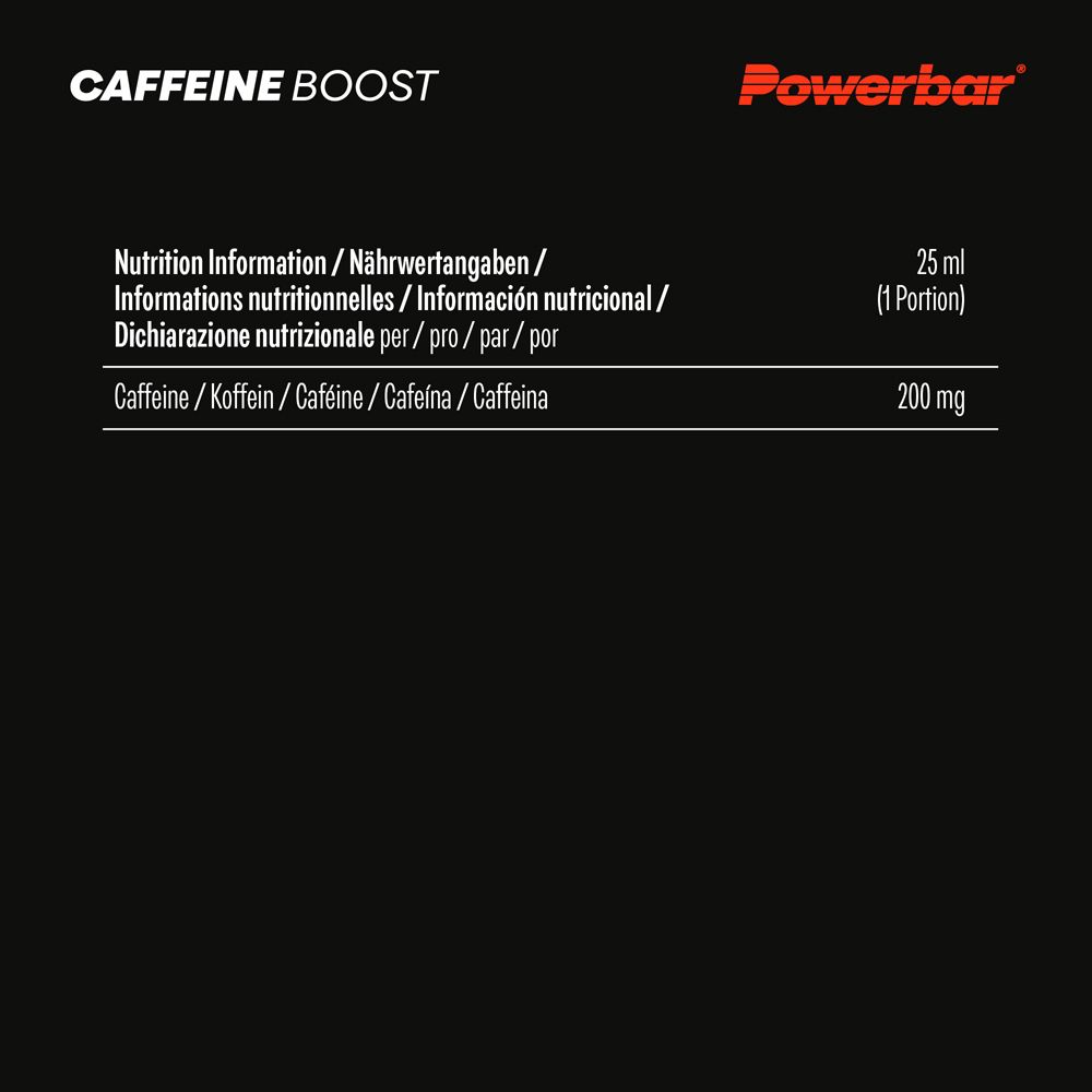 Nährwertangaben für PowerBar CAFFEINEBOOST. 25 ml (1 Portion). 200 mg Koffein.
