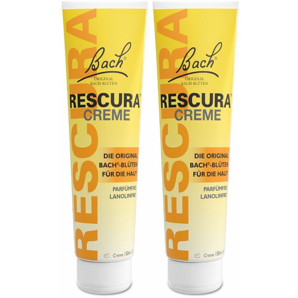 Deux tubes de crème jaune. Inscription: RESCURA CREME, Bach Original Bach-Blüten. Bouchon blanc.