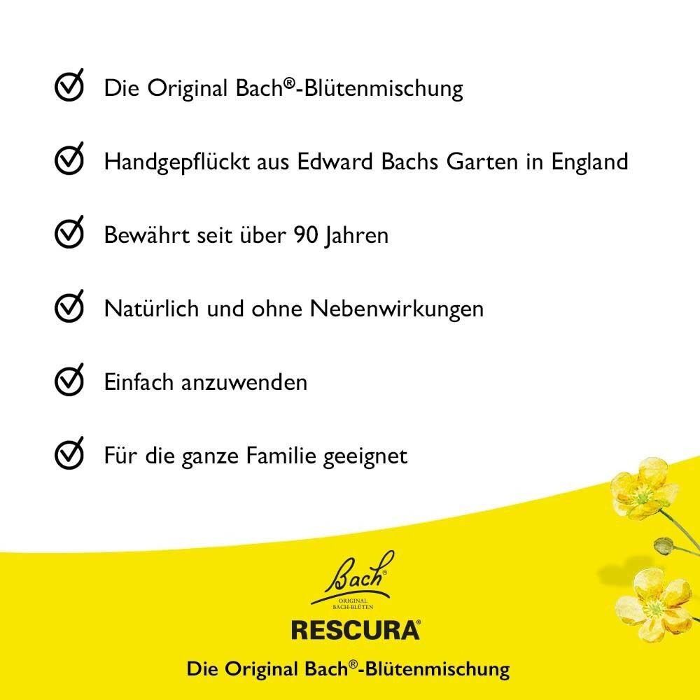 Gelber Hintergrund mit Produktvorteilen. Text: Die Original Bach-Blütenmischung, handgepflückt, bewährt seit über 90 Jahren, für die ganze Familie.