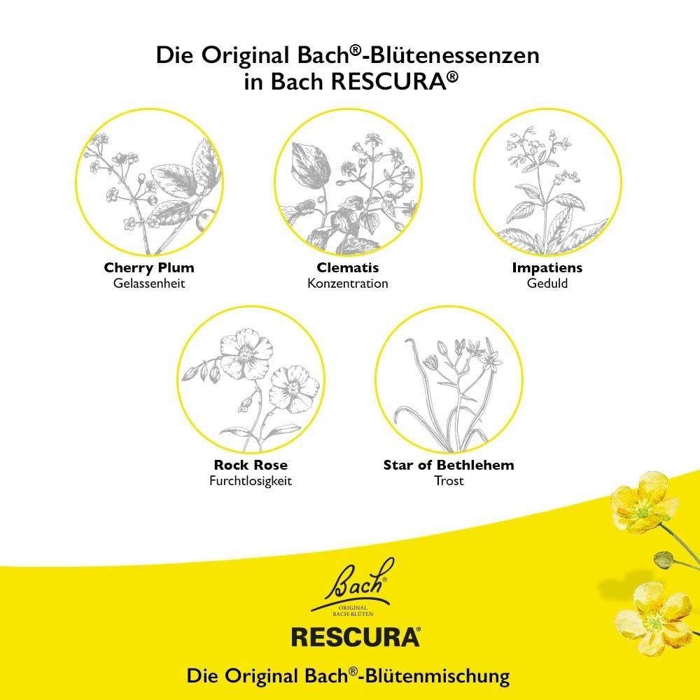 Gelber Hintergrund mit Zeichnungen von Blüten. Text: Die Original Bach-Blütenessenzen in Bach RESCURA. Namen der Blüten.