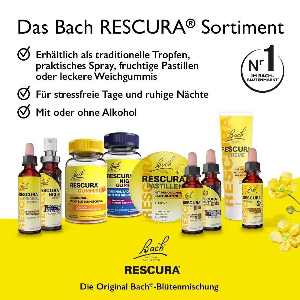 Das Bach RESCURA Sortiment. Verschiedene Produkte: Tropfen, Spray, Pastillen, Weichgummis. Text: Für stressfreie Tage und ruhige Nächte.