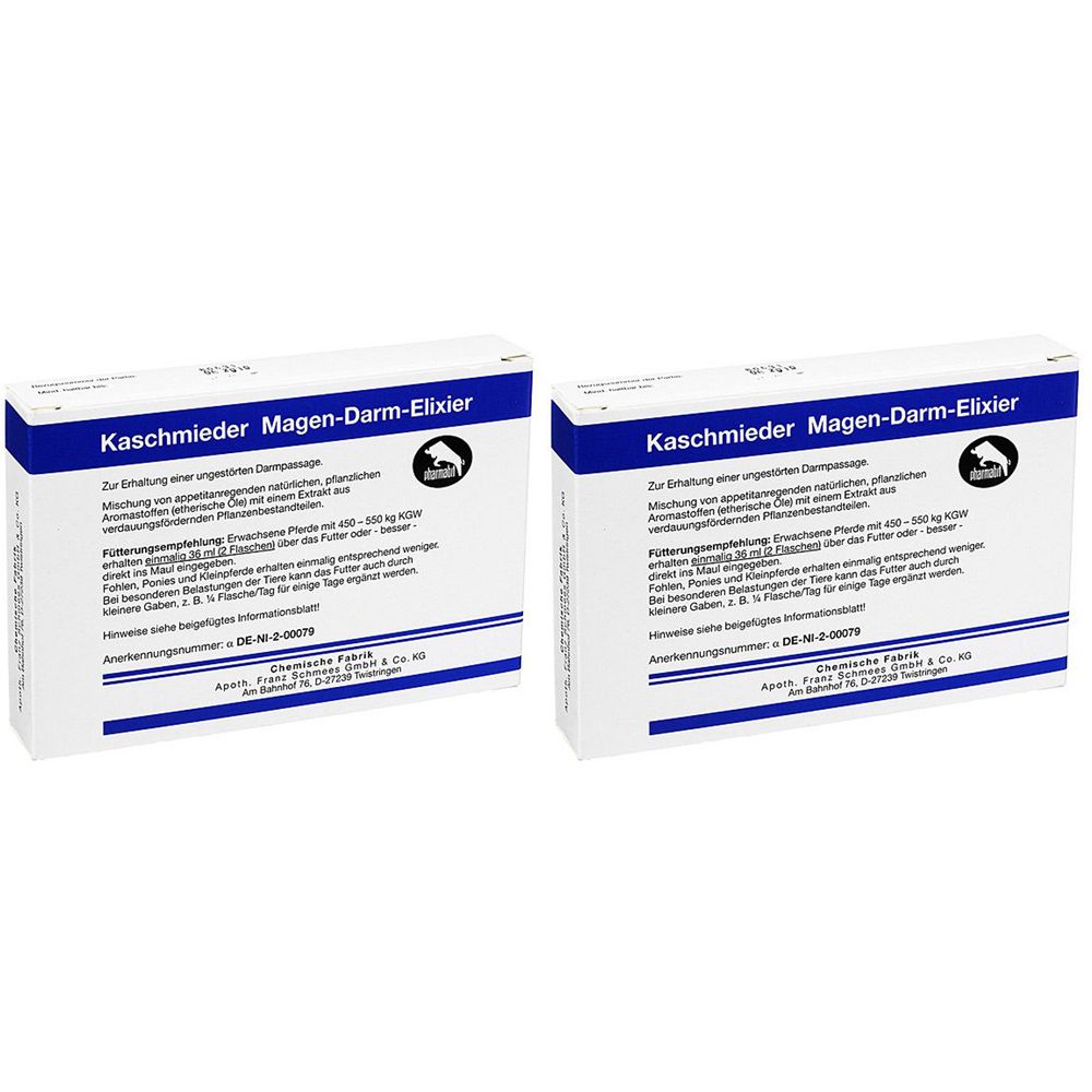 Deux boîtes portant l'inscription "Kaschmieder Magen-Darm-Elixier". Emballage bleu et blanc avec texte et logo.