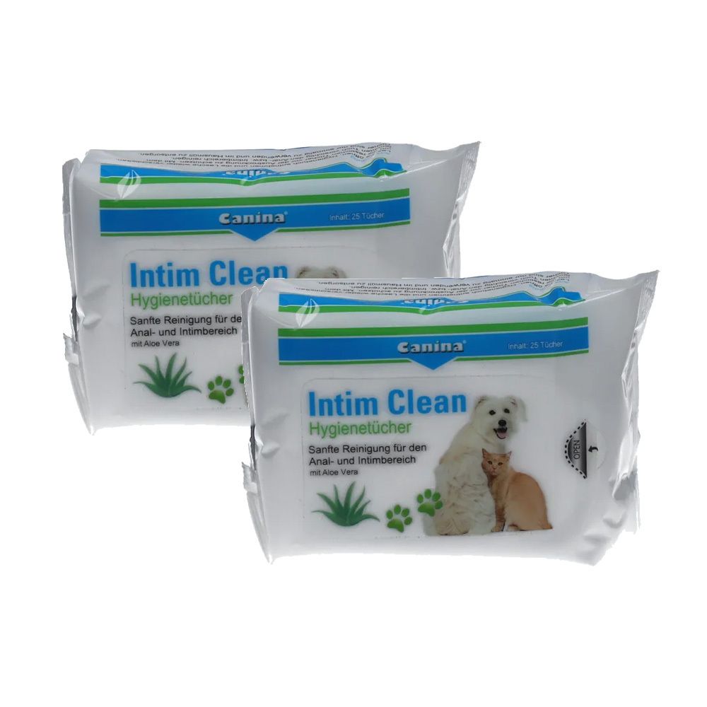 Zwei Packungen Intim Clean Hygienetücher. Weiße Verpackung mit blau-grüner Schrift. Logo: Canina. Abbildung von Hund und Katze.