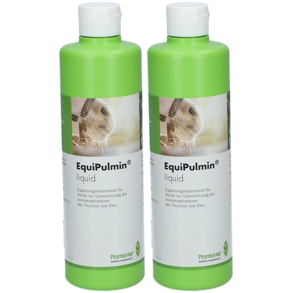 Deux flacons verts avec bouchons blancs. Étiquettes avec "EquiPulmin liquid" et image de cheval. Marque : Plantover.