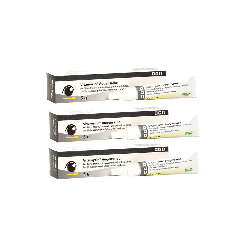 Drei Packungen und Tuben Augensalbe. Auf den Packungen steht "Vitamycin Augensalbe" und "5 g".