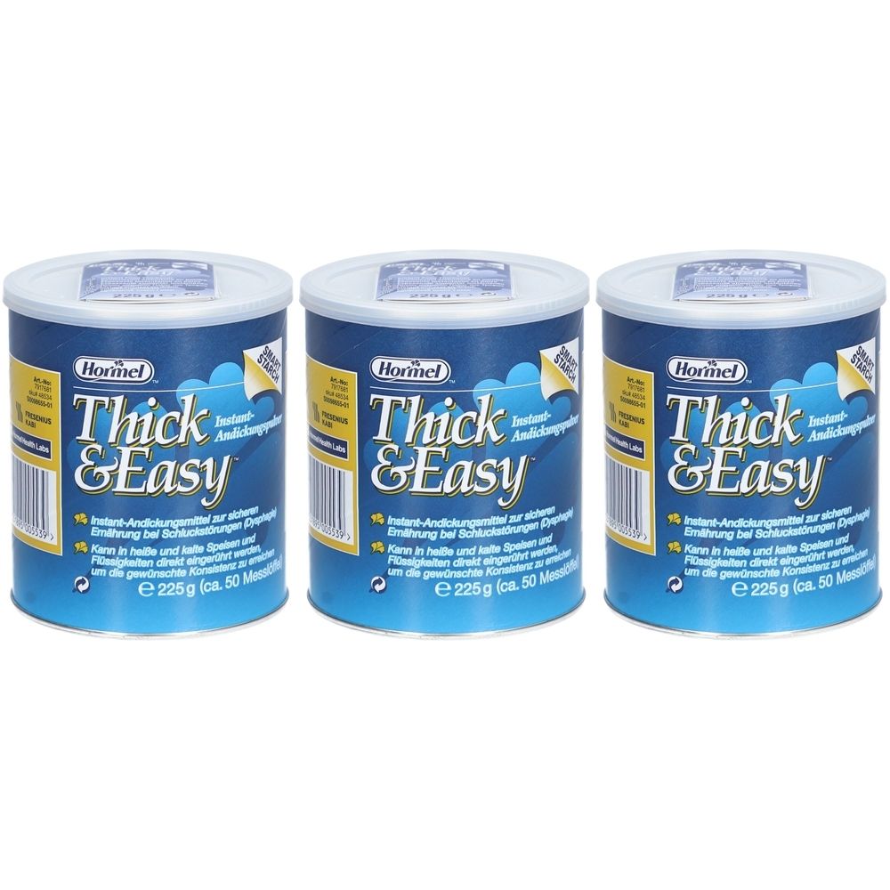 Drei Dosen "Thick & Easy" mit blau-weißer Verpackung. Aufschrift: "Instant-Andickungsmittel bei Schluckstörungen".