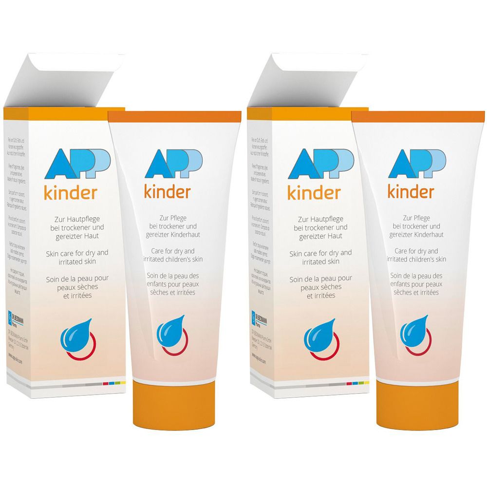 Deux tubes de crème pour enfants avec emballage. Inscription : APP kinder. Texte en allemand, anglais et français. Bouchon orange.