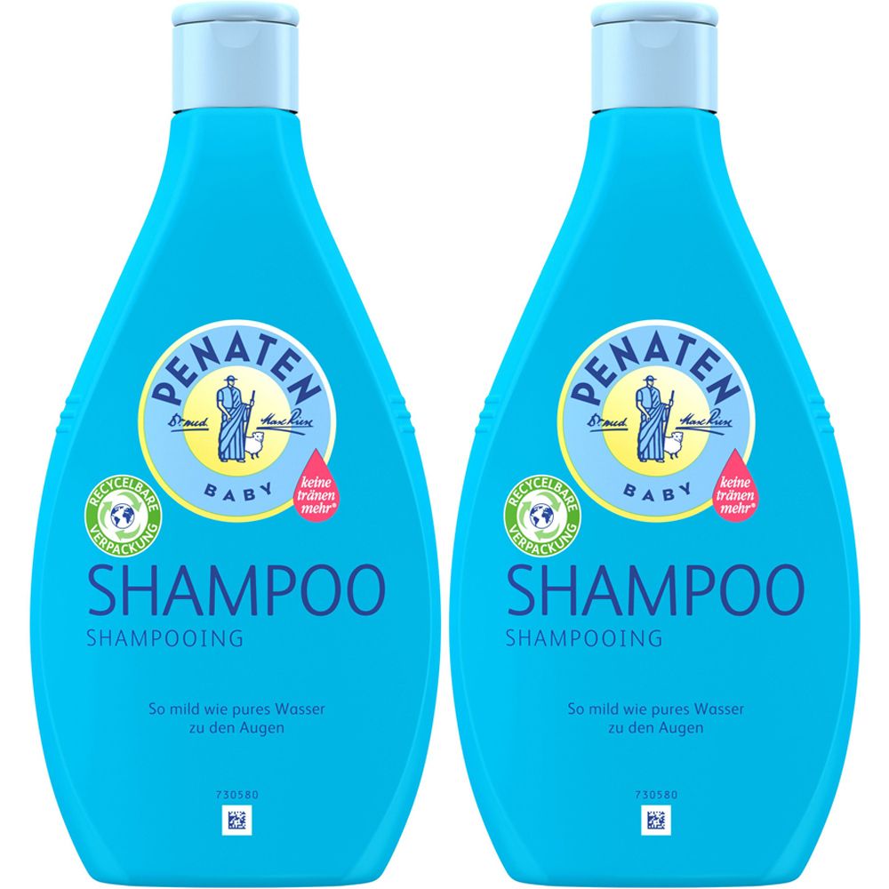 Zwei blaue PENATEN® BABY Shampoo Flaschen. Aufschrift: SHAMPOO. Mit Logo und Siegeln.