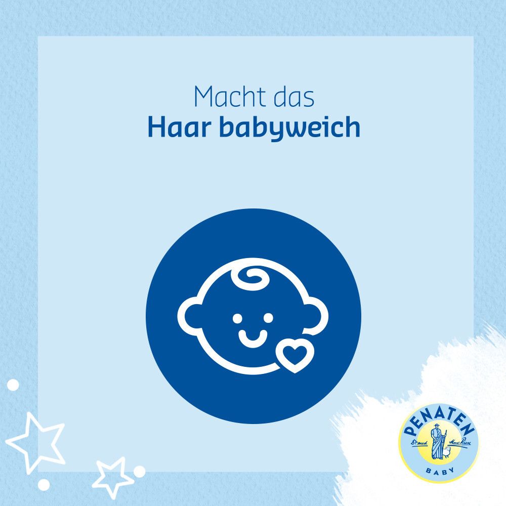Blauer Hintergrund mit Text: Macht das Haar babyweich. Darunter ein Symbol eines Babys mit Herz.
