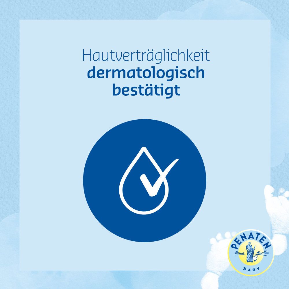 Blauer Hintergrund mit Text: Hautverträglichkeit dermatologisch bestätigt. Darunter ein Symbol mit Tropfen und Haken.
