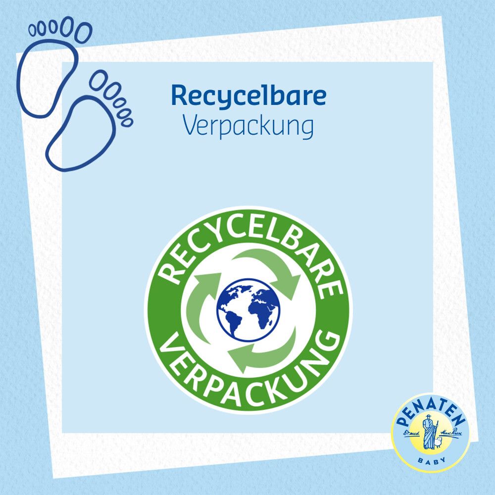 Blauer Hintergrund mit Text: Recycelbare Verpackung. Darunter ein Symbol mit Erde und Pfeilen.