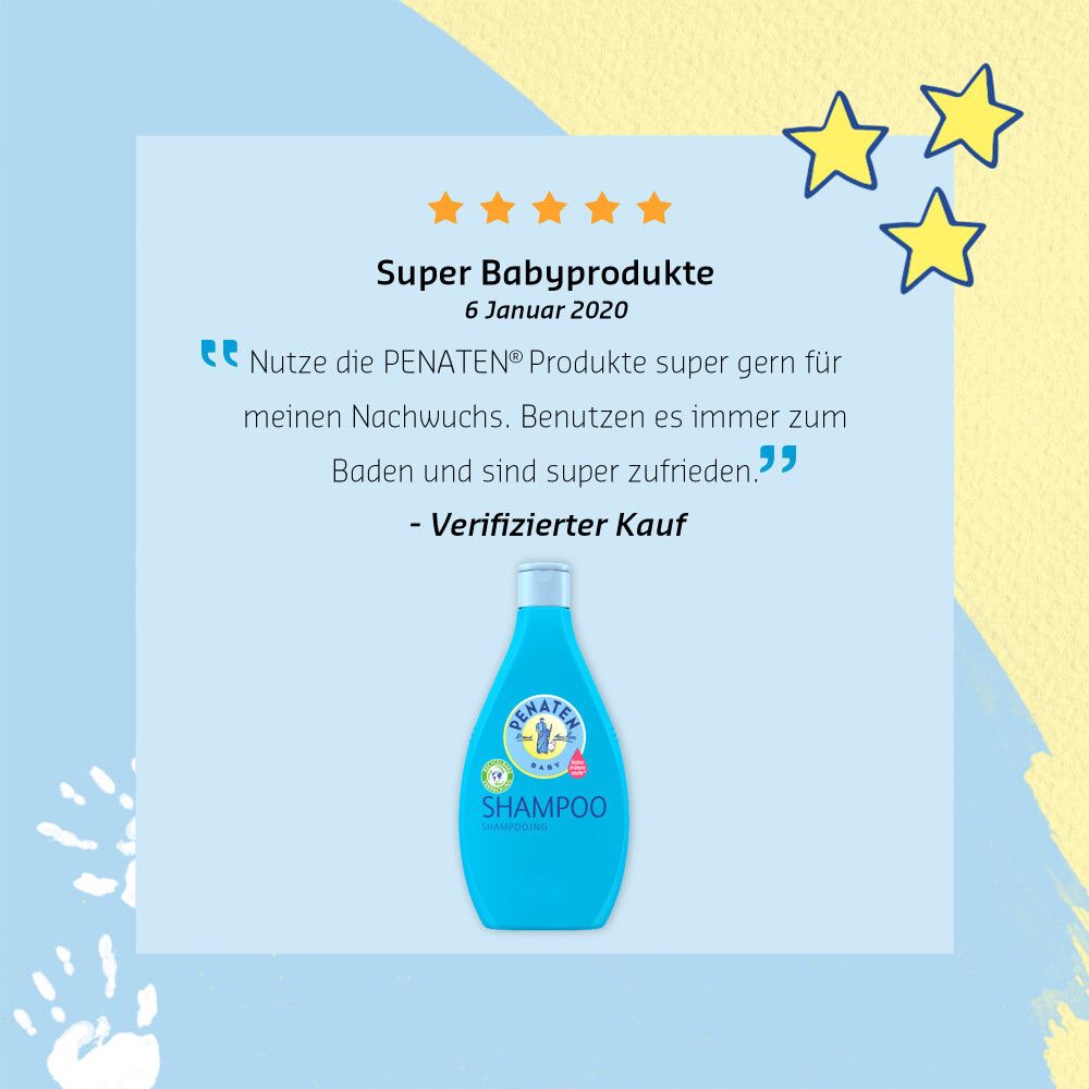Blauer Hintergrund mit Text: Super Babyprodukte. Eine blaue PENATEN® BABY Shampoo Flasche.