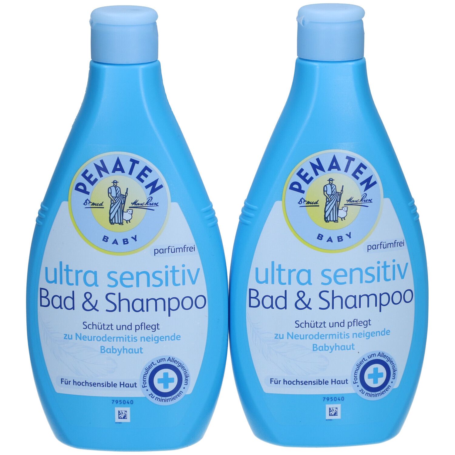 Zwei blaue Flaschen PENATEN® Baby Ultra Sensitiv Bad & Shampoo. Aufschrift: parfümfrei, für Neurodermitis neigende Babyhaut.
