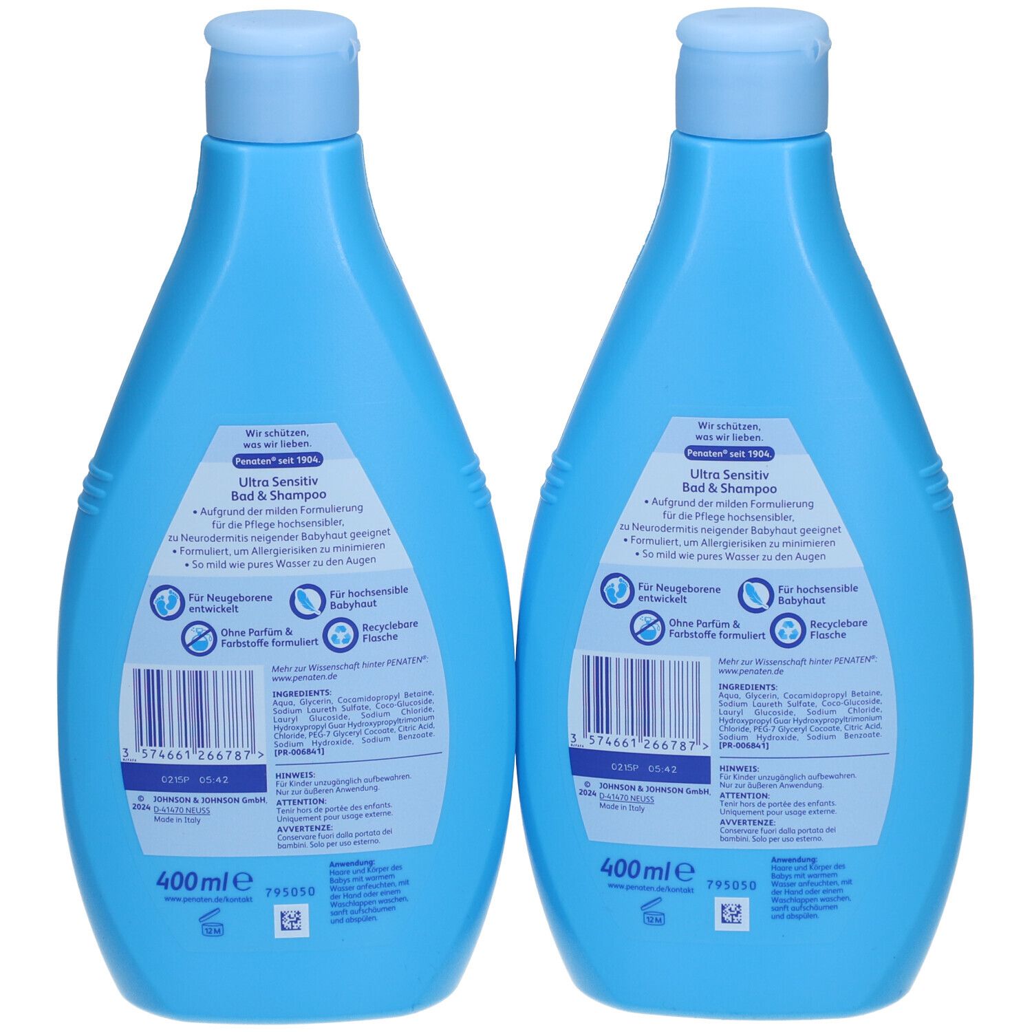 Rückseite von zwei blauen Flaschen PENATEN® Baby Ultra Sensitiv Bad & Shampoo. Text: Inhaltsstoffe, Hinweise, 400ml, recycelbare Flasche.