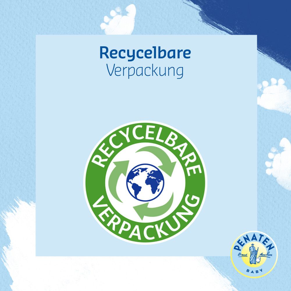 Blauer Hintergrund mit Text: Recycelbare Verpackung. Grünes Recycling-Symbol mit Weltkugel und PENATEN® Baby Logo.