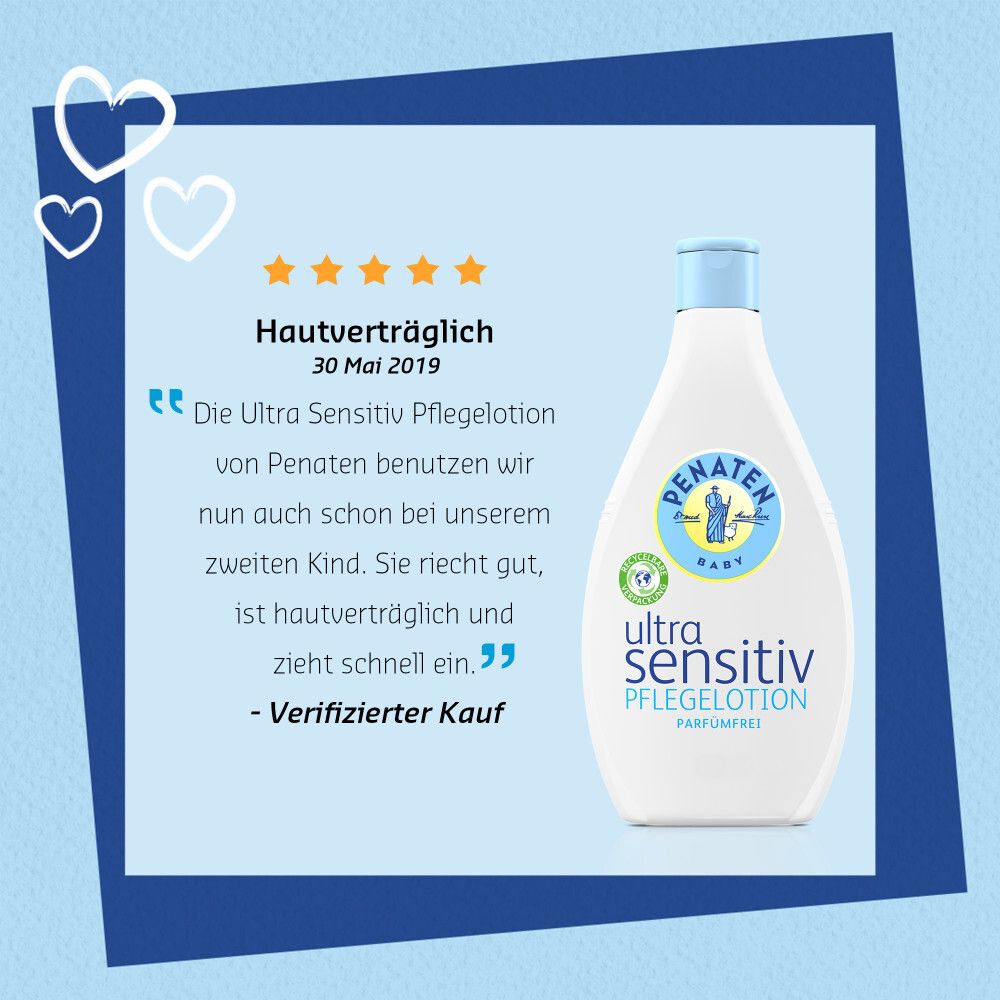 Flasche PENATEN® Ultra Sensitiv Pflegelotion auf blauem Hintergrund. Text: Hautverträglich, Zitat, 5 Sterne Bewertung.