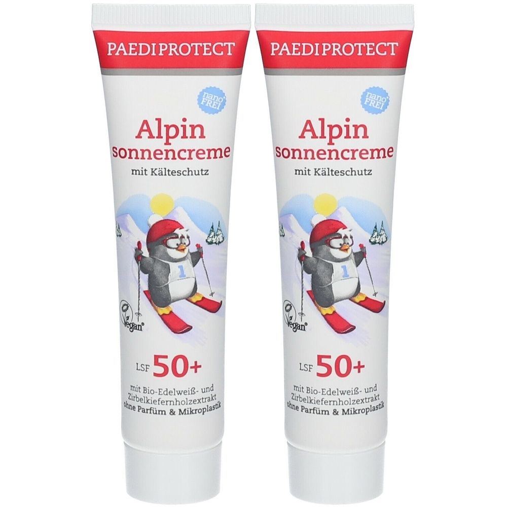 Zwei Tuben PAEDIPROTECT Alpin Sonnencreme. Weiß, mit rotem Deckel. Aufdruck: Pinguin auf Skiern, LSF 50+.