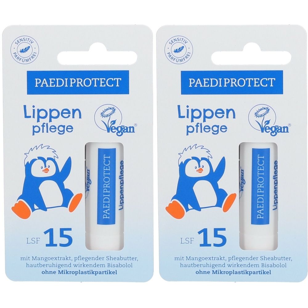 Deux sticks de soin des lèvres en emballage blister. Inscription : PAEDIPROTECT, soin des lèvres, SPF 15, Vegan. Illustration d'un pingouin.