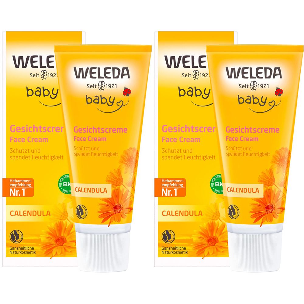 Plusieurs tubes de crème visage pour bébé. Emballage jaune. Inscription : Weleda Baby, Calendula, Gesichtscreme.