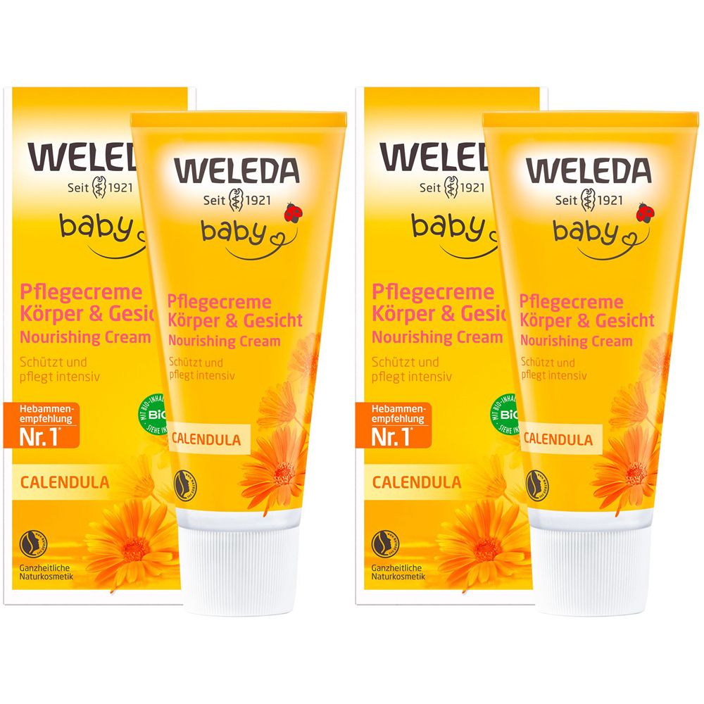 Deux tubes et deux boîtes de crème Weleda Baby Calendula. Emballage jaune avec informations et fleurs.