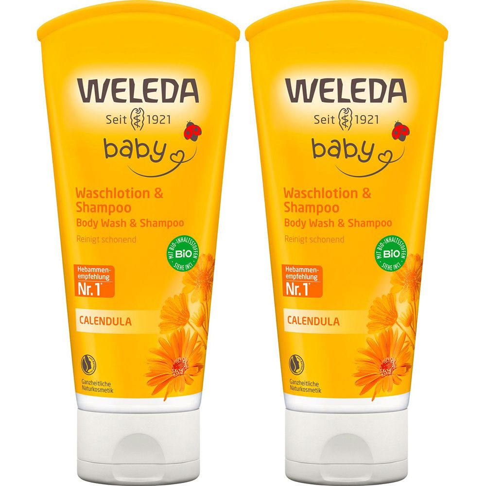 Deux tubes jaunes de WELEDA baby Waschlotion & Shampoo Calendula. Label bio et recommandation Nr.1.