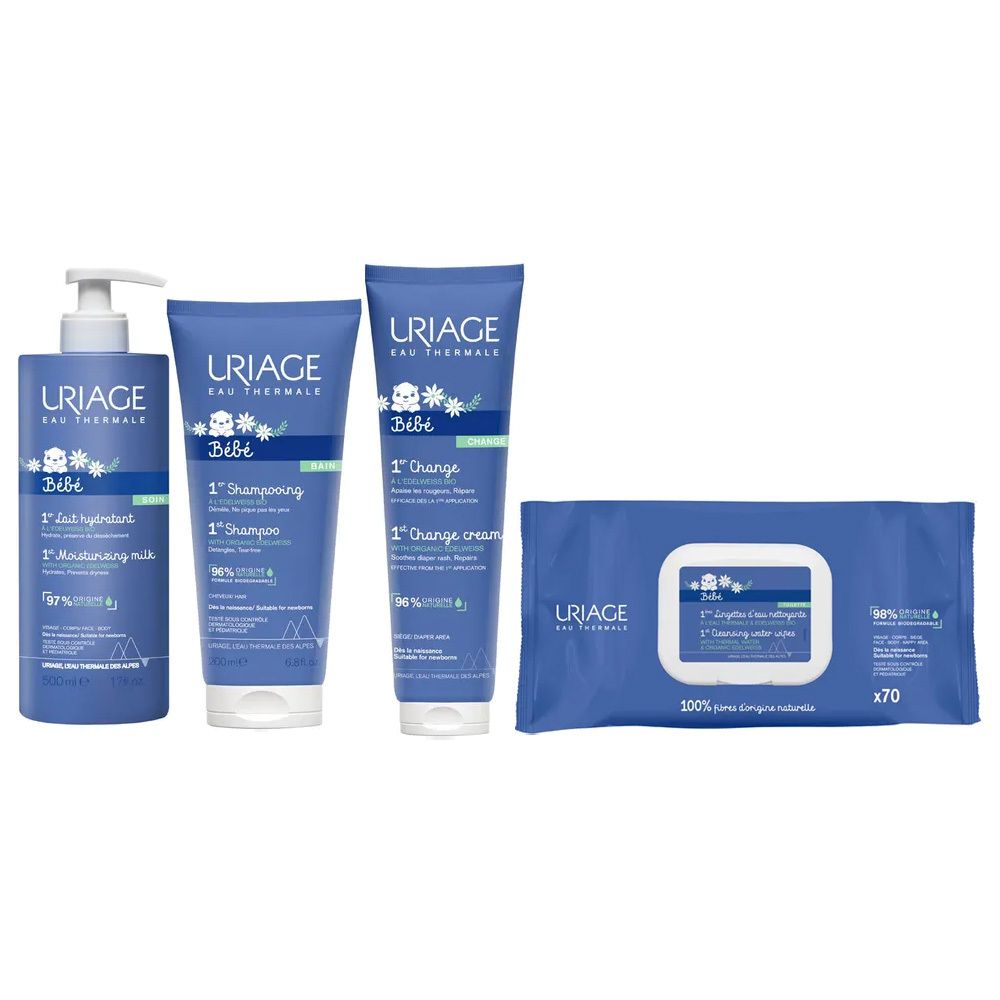 Set mit Baby-Hautpflegeprodukten von Uriage: Milch, Shampoo, Creme und Feuchttücher.