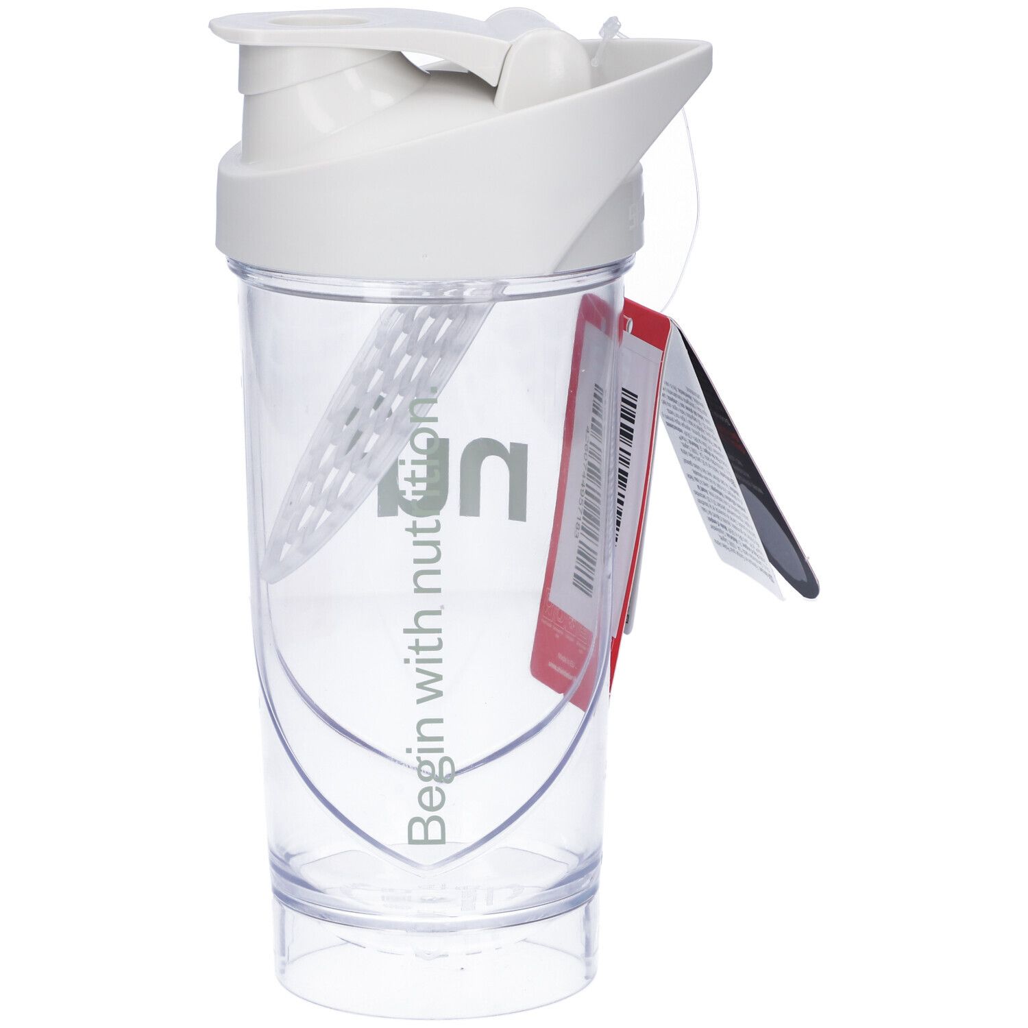 Weißer Shaker mit weißem Deckel und grünem Logo. Transparenter Behälter. Rotes Etikett mit Text. Enthält einen Mixball.