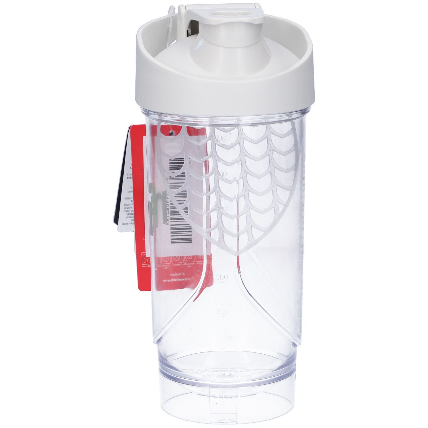 Weißer Shaker mit weißem Deckel. Transparenter Behälter. Rotes Etikett mit Text. Ohne Mixball.