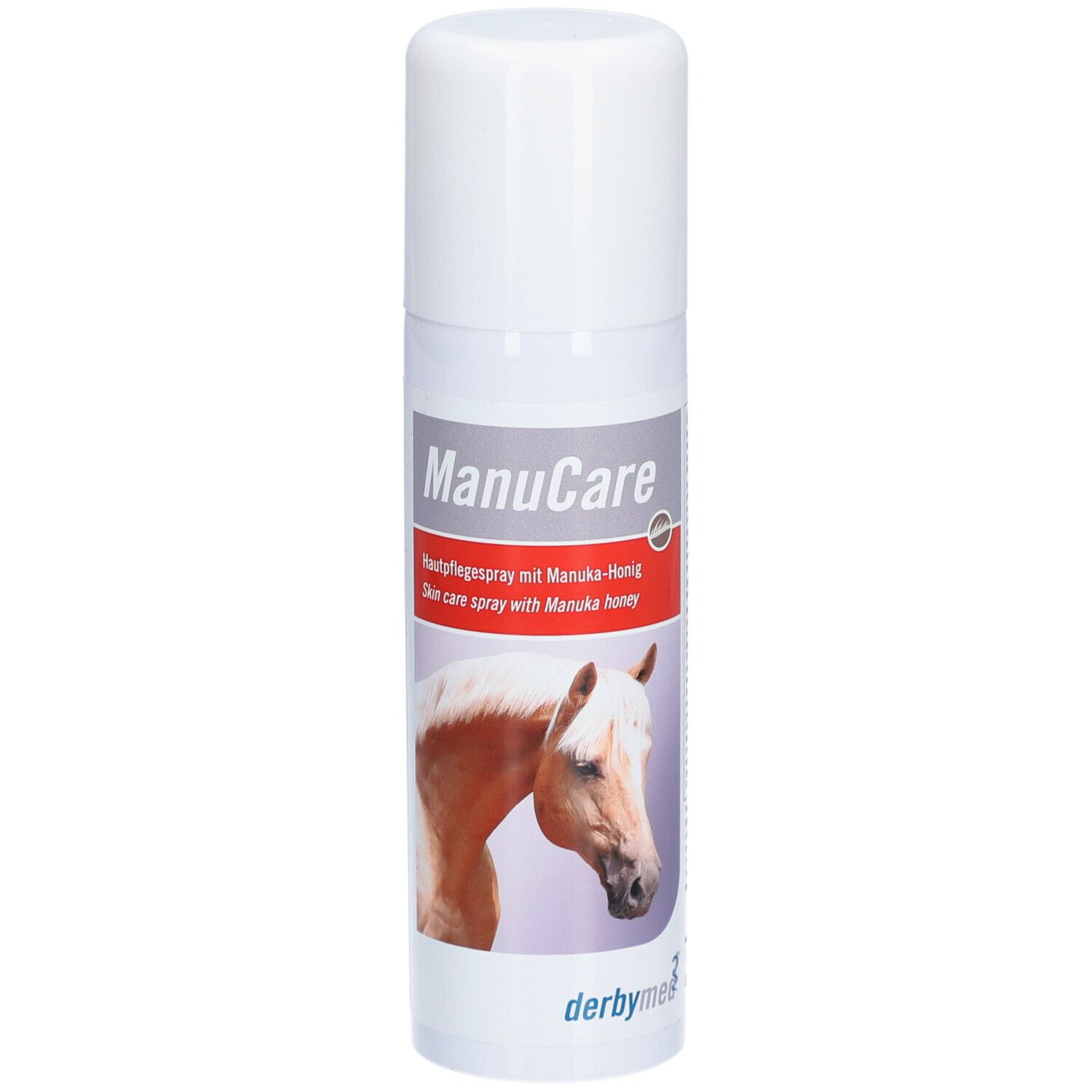 Weiße Sprühflasche mit ManuCare-Etikett. Enthält ein Pferdebild. Derbymed-Logo unten.