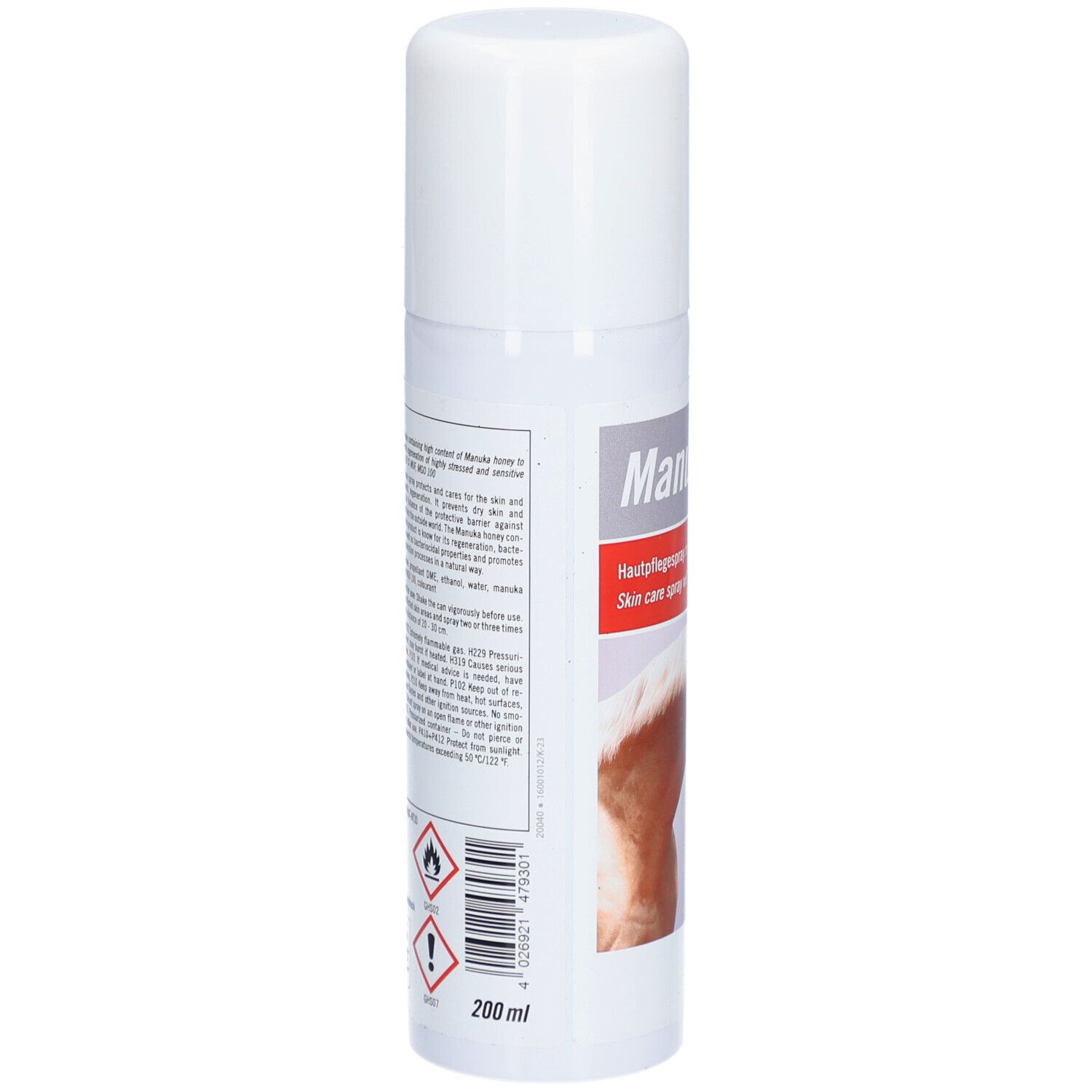Rückseite der weißen Sprühflasche. Textinformationen und Warnsymbole. 200 ml Volumen.