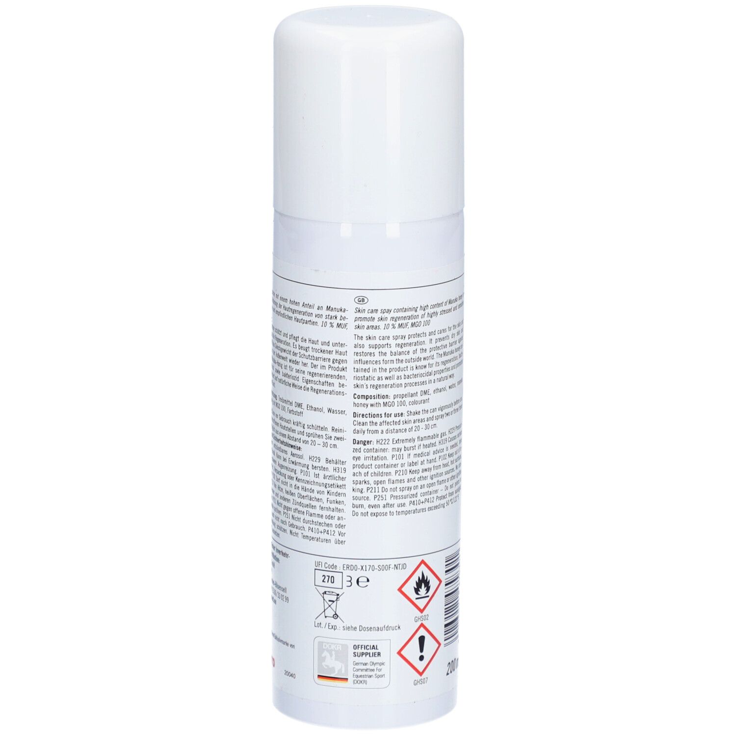 Rückseite der weißen Sprühflasche. Text, Warnsymbole, und ein deutsches Qualitätszeichen.