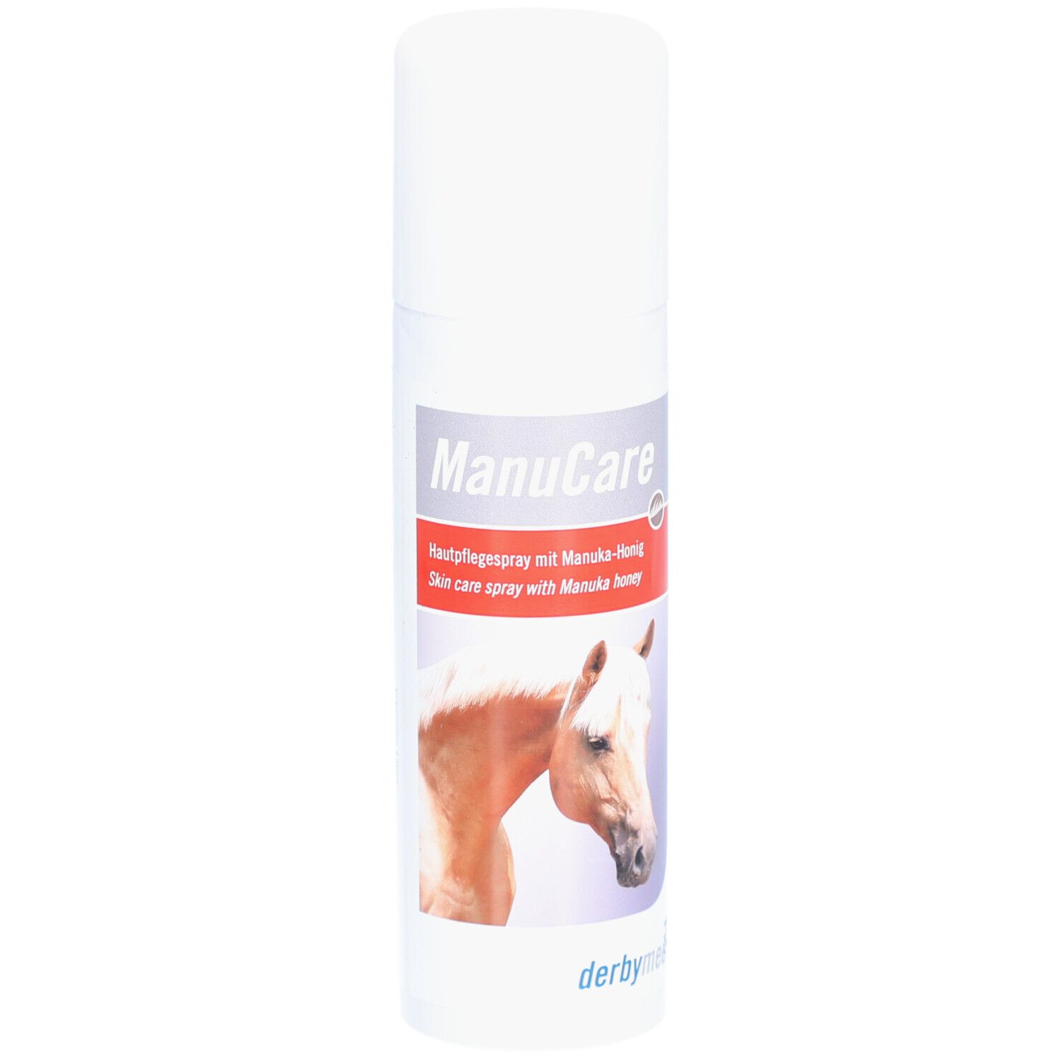 Weiße Sprühflasche mit ManuCare-Etikett. Enthält ein Pferdebild. Derbymed-Logo unten.