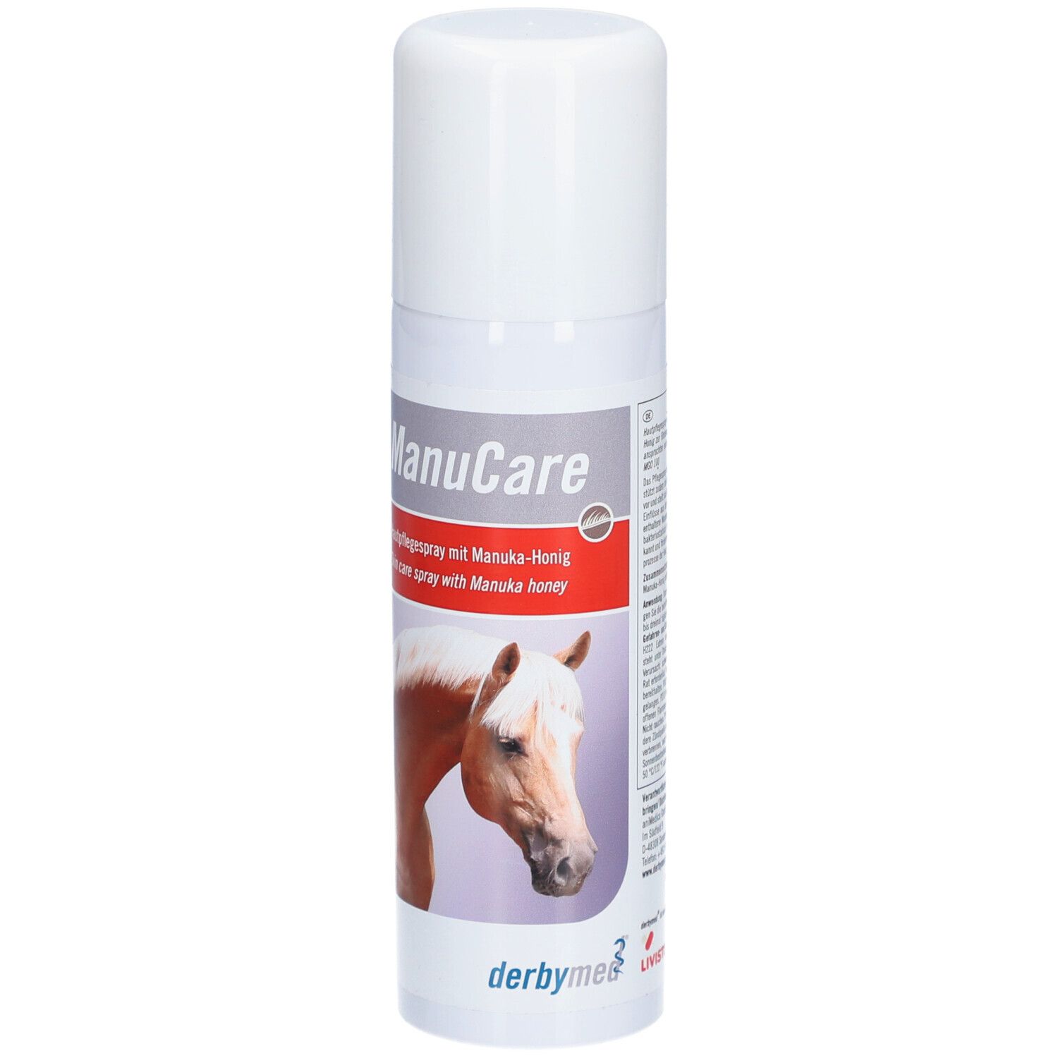 Weiße Sprühflasche mit ManuCare-Etikett. Enthält ein Pferdebild. Derbymed-Logo unten.