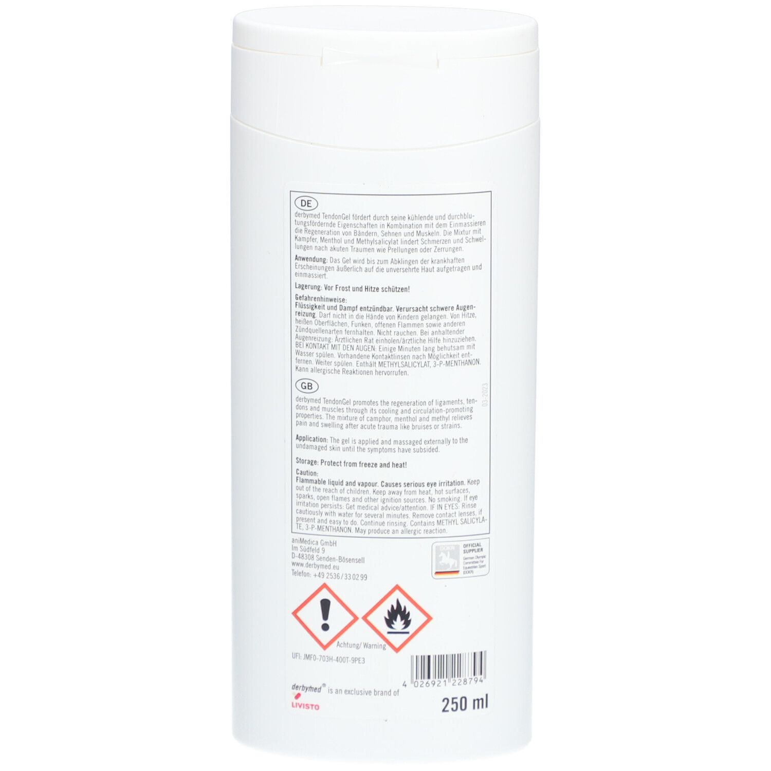 Weiße Flasche mit Text auf Etikett. Enthält Informationen zur Anwendung und Inhaltsstoffe. Warnhinweise und Volumenangabe: 250 ml.