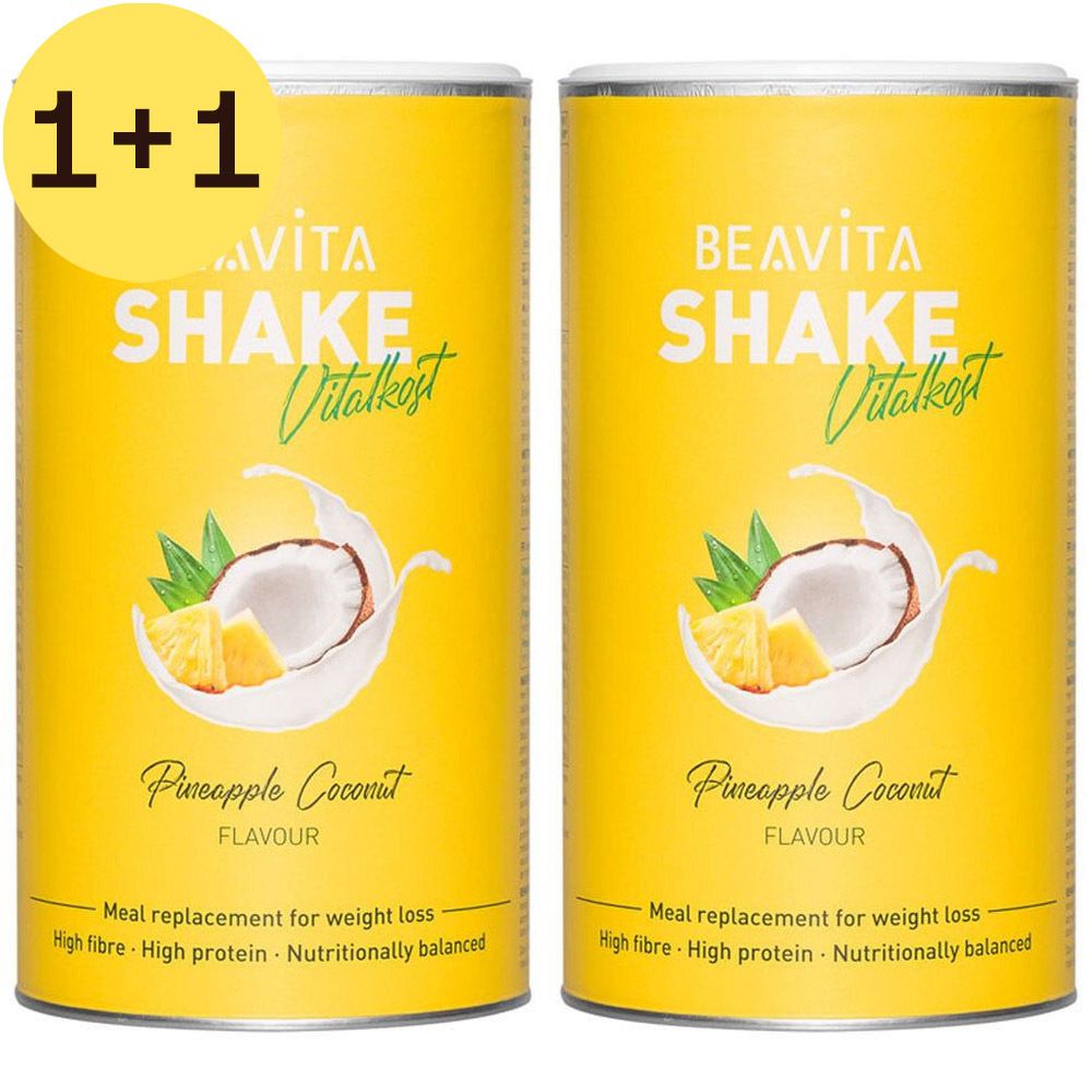 Deux boîtes jaunes BEAVITA Shake Vitalkost, noix de coco-ananas. Inscription : Pineapple Coconut Flavour.  Offre 1+1.