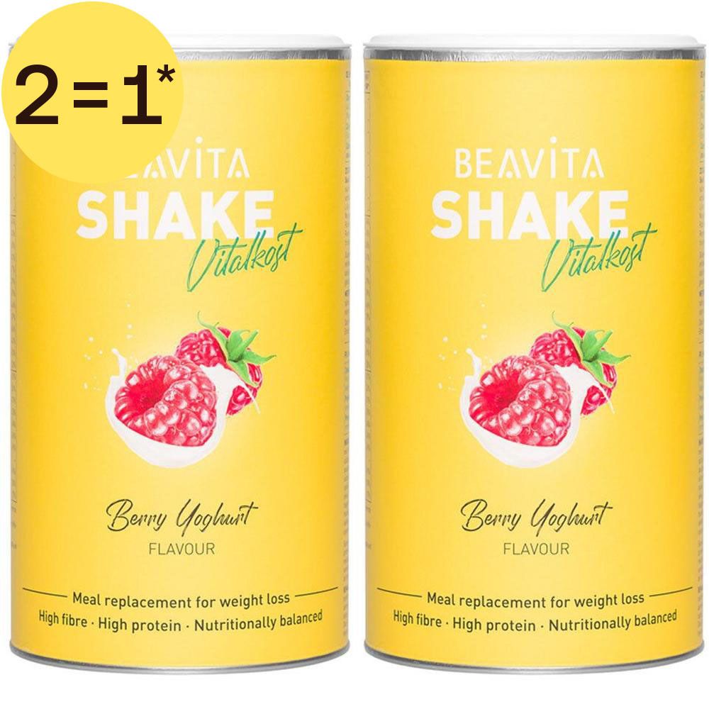 Deux boîtes de BEAVITA Vitalkost Diät-Shake Framboise-Yaourt avec des framboises et du yaourt sur fond jaune.