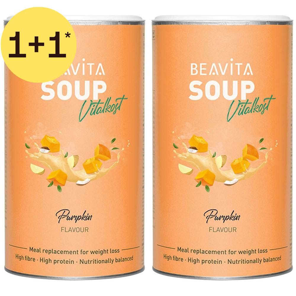 Zwei Dosen Kürbissuppe von BEAVITA, "Vital kost". "1+1"-Angebot. Mahlzeitenersatz zur Gewichtsreduktion.