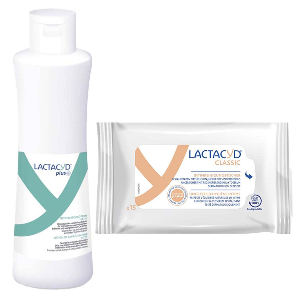 Flasche und Packung Intim-Reinigungstücher. Aufschrift LACTACYD Plus und LACTACYD Classic. Beide Produkte weiß mit farbigen Logos.
