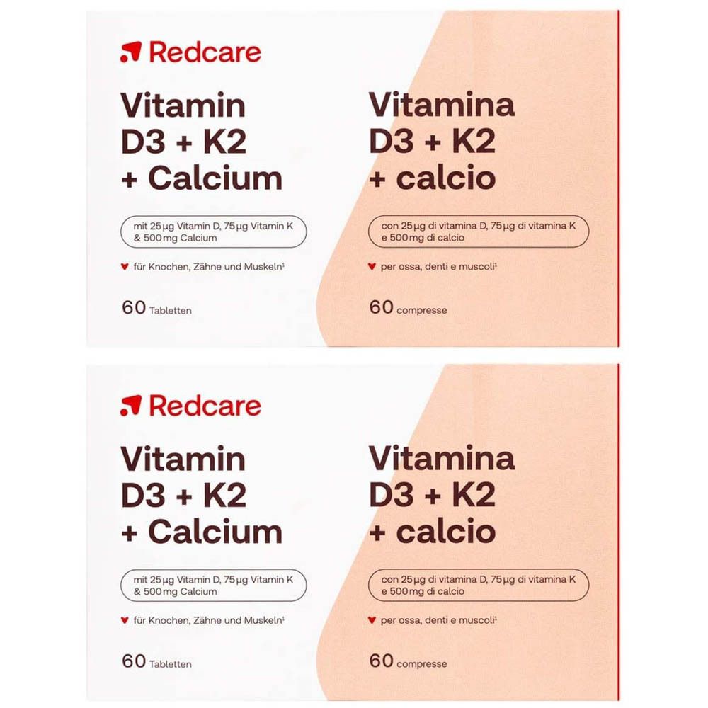 Deux boîtes de Redcare Vita Vitamine D3 + K2 + Calcium. 60 comprimés. Inscription: Vitamine D3 + K2 + Calcium.