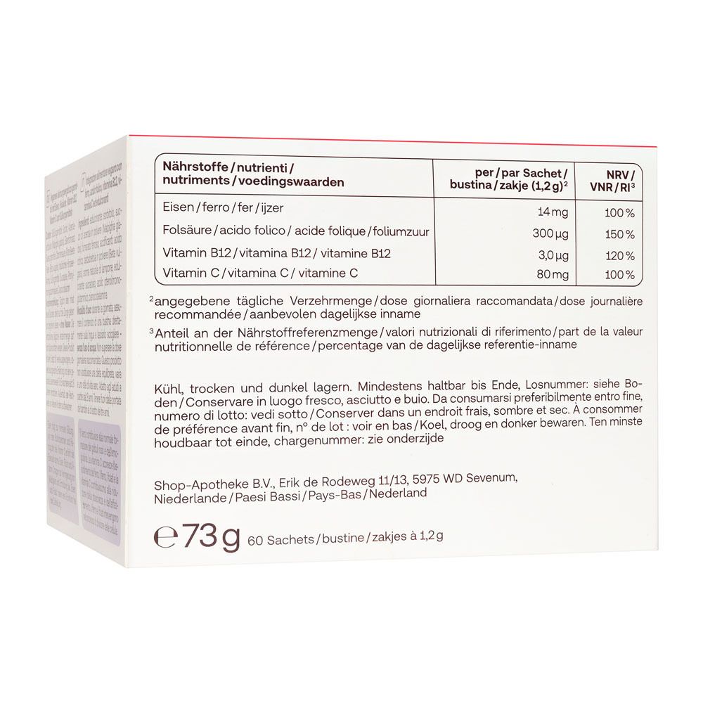 Rückseite der Packung Redcare Vita Eisen Plus Direkt. Nährwerttabelle.
