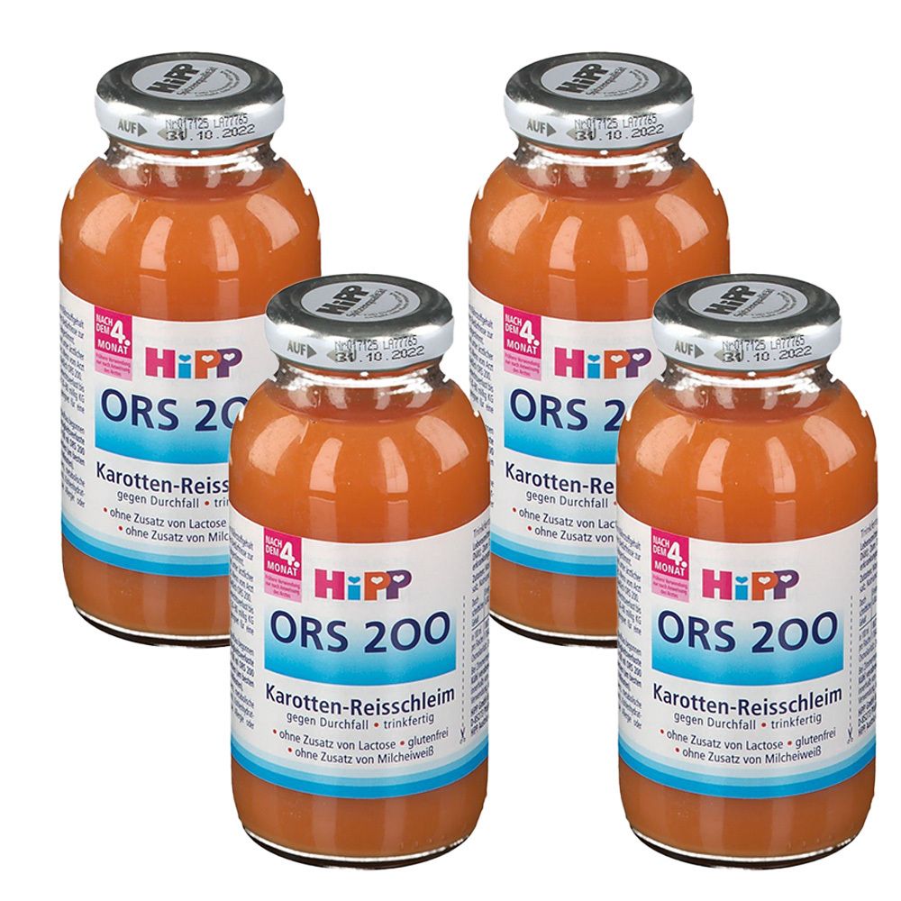 Vier Flaschen mit orangefarbenem Inhalt. Auf den Etiketten steht "HiPP ORS 200 Karotten-Reisschleim". Deckel mit "HiPP" Logo.