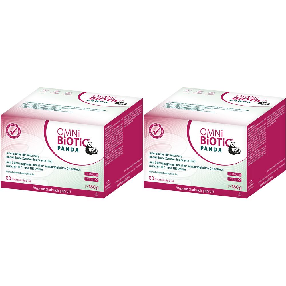 Deux boîtes OMNi-BiOTiC® Panda. Design rose et blanc avec logo, illustration de panda et texte. 60 portions, 180g.