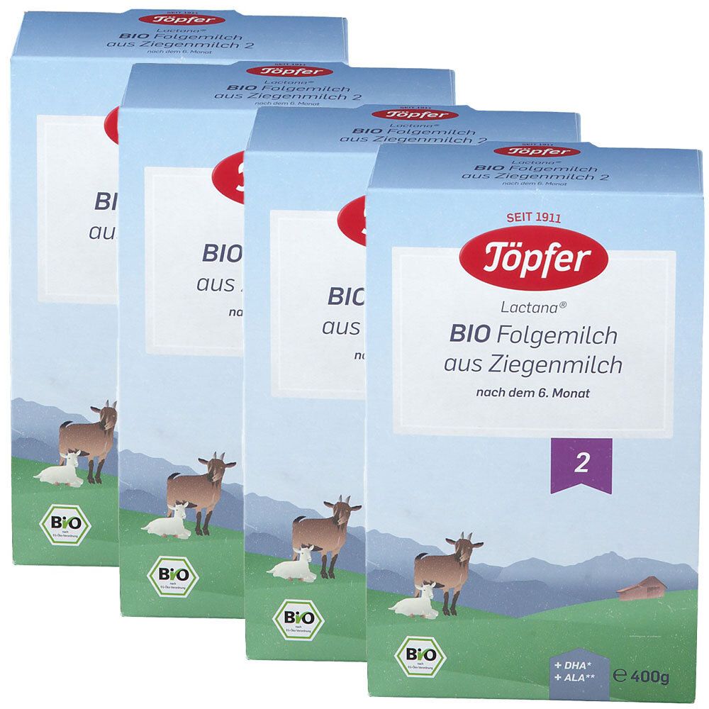 Vier Packungen Töpfer Lactana Bio Folgemilch 2 aus Ziegenmilch. Aufdrucke: BIO, Ziegen, Lamm, 2, e400g.