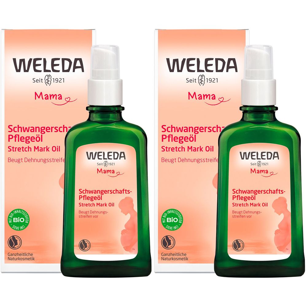 Zwei grüne Flaschen und Verpackungen. Auf den Flaschen steht "WELEDA Mama Schwangerschafts-Pflegeöl". Auf der Verpackung steht "BIO".