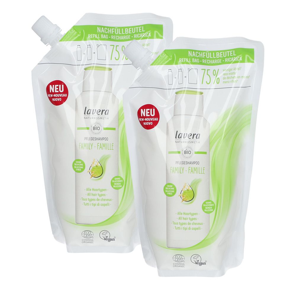 Zwei Nachfüllbeutel mit Shampoo. Aufdruck: Lavera, Pflegeshampoo Family. Mit grünem Design und Aufschrift "NEU".