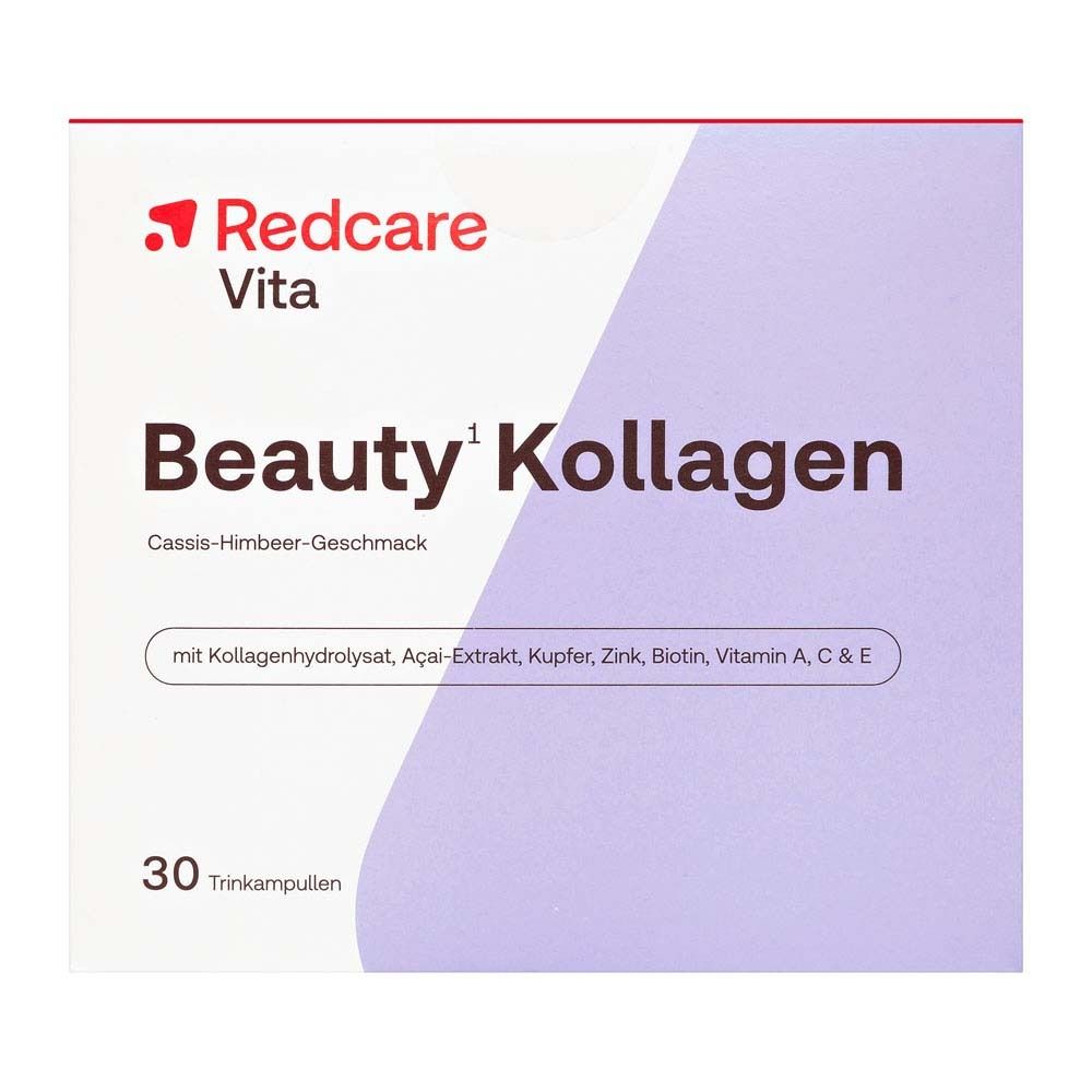Boîte blanche avec inscription: Redcare Vita Beauty Kollagen. 30 ampoules buvables. Avec hydrolysat de collagène.
