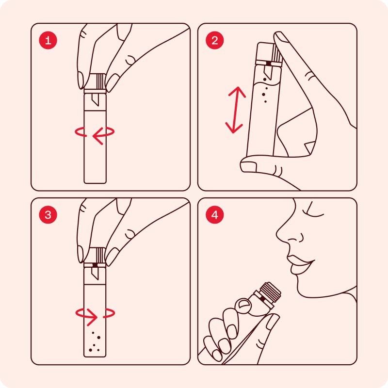 Anleitung zur Anwendung einer Trinkampulle. 4 Schritte: Drehen, öffnen, trinken.
