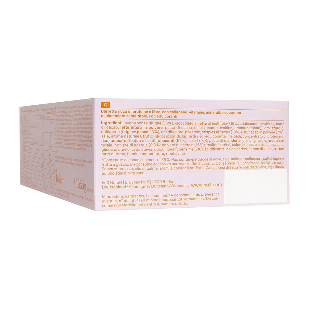 Dos de l'emballage avec texte en italien. Liste des ingrédients et informations nutritionnelles.