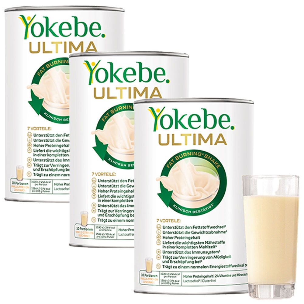 Drei Dosen Yokebe Ultima Fat Burning Shake. Eine Dose steht neben einem Glas mit Shake. Aufschrift: 7 Vorteile, Klinisch bestätigt.